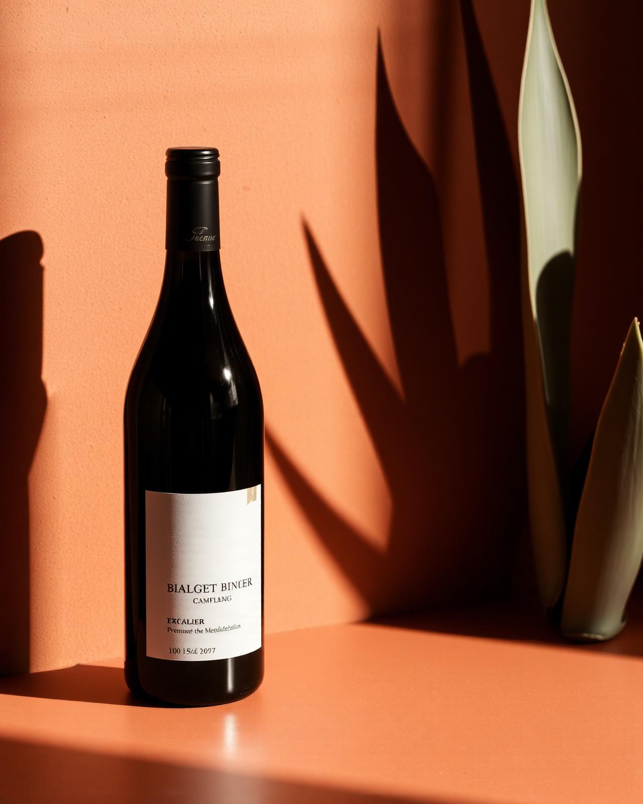 An artisanal Mexican wine bottle with a contemporary label, lit dramatically